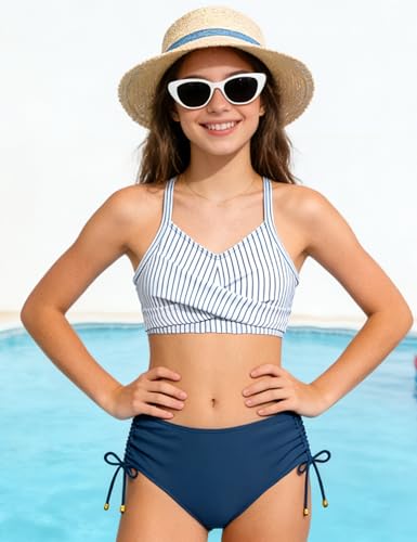 Image of Teen Girls Swimsuits V-Neck Bikini Set Bathing Suits Cross Straps Two Piece Swimwear with Drawstring