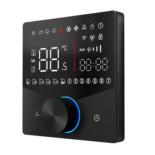 Demeras Termostato de Aire Acondicionado Pantalla Digital Controlador Central de HVAC Diseño Delgado de 12,4 Mm Configuración de Botones de 8 Efectos de Luz Interfaz RS485 para Uso Doméstico (Negro)