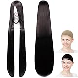 CaseEden コスプレ ウィッグ ロング 長髪 120cm 耐熱 ブラック 黒髪 黒 ウィッグネット2個セット