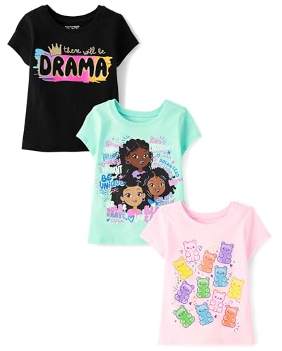 The Children's Place,Baby Girls,and Toddler Assorted Everyday Short Sleeve Graphic T-Shirts,Multipacks,Drama/Girl Words/Gummy Bears 3-Pack,3 Years