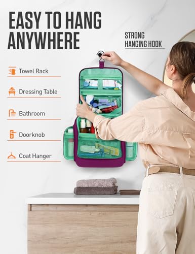 Image of VENTURE 4TH Hanging Travel Toiletry Bag, 18 Compartments - Purple /Mint | Hangs on rails, hooks or doors; stands upright. Removable TSA pouch. Water-resistant Nylon 290D Twill, reinforced stitching.