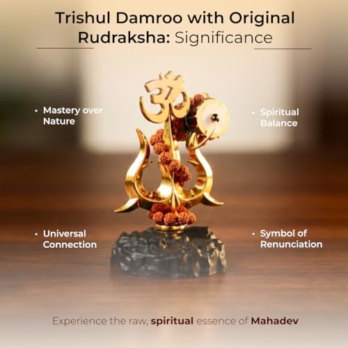 Image of Divine Hindu Trishul Damroo Idol with Original Rudraksha | Small Murti for Car Dashboard, Home Decor, Office Table, Pooja | Spiritual Gift Item | 10.8cm