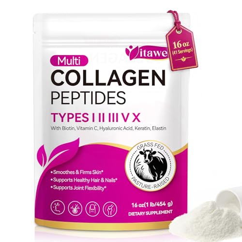 Multi Collagen Peptides Powder 16 oz (41 Servings) with Biotin Vitamin C Hyaluronic Acid Keratin & Elastin Grass Fed Collagen Supplements for Women and Men Support for Joints Hair Nail and Skincare
