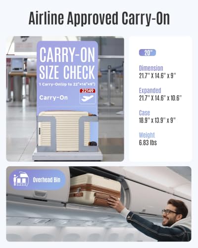 Image of LIGHT FLIGHT Carry On Luggage 22x14x9 Airline Approved, Beige and Brown | Airline Approved, Durable Hard Shell with Wheels, Expandable Hardside, Lightweight, TSA Lock