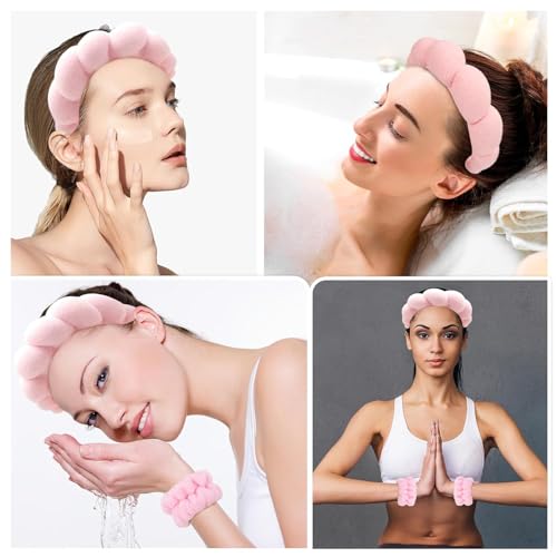 Image of Spa Headband and Wristband Set, Face Wash Headband Makeup Skincare Headband Wrist Bands Washing Face for Preppy Skincare Women Girl (Spa Headband - Pink)