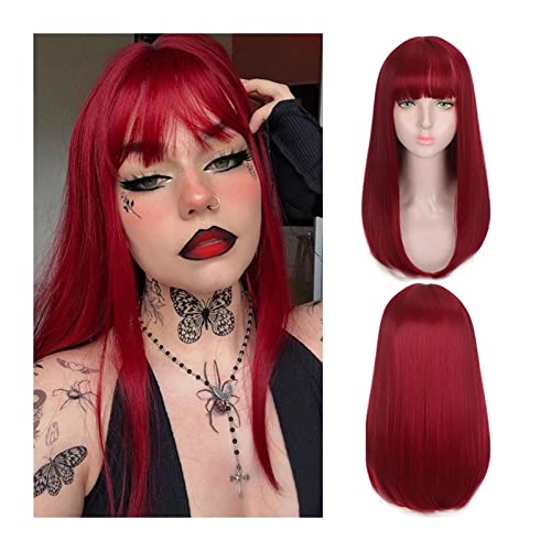 Perruque longue droite avec frange rouge synthétique, cheveux lisses et soyeux pour femmes