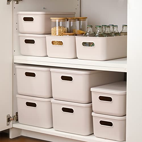 Yishyfier Plastic Storage Baskets With Lid Organizing Container Lidded Knit Storage Organizer Bins For Shelves Drawers Desktop Closet Playroom Classroom Office (M+2S, Light Grey) #TOP1