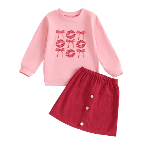 Image of Toddler Girl Valentines Day Outfits Letter Heart Print T-Shirt A-Line Mini Skirts Dress Girls Valentine's Day Dresses