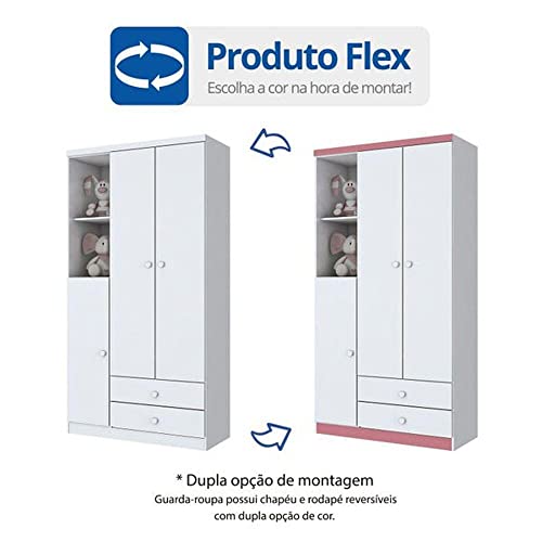 Guarda-Roupa Bala De Menta 3 Portas Branco E Rosa Chá Henn