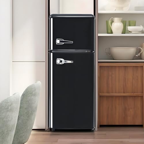 Frigorífico retro con compartimento congelador con volumen total de 92L, volumen de congelador de 28L, 3 estantes de vidrio, cajón para verduras, bandeja para huevos, 181 kWh/año, luz LED,Black