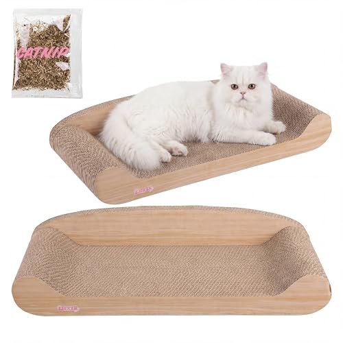 Image of Montego 27.5 inch Cardboard Cat Scratcher Lounge Bed, Corrugated Sofa Scratching Pad with Catnip, Oak Wood Finish Furniture Protector for Large Cats CSR1004C