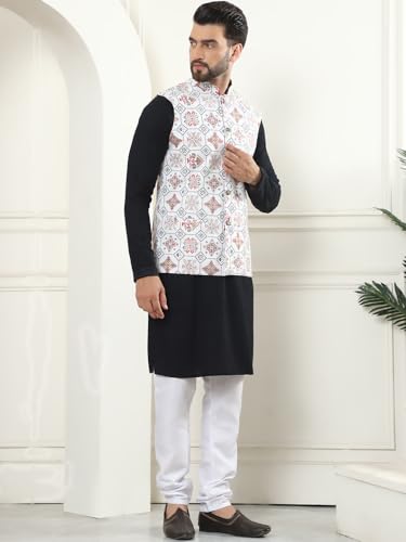 Image of SOJANYA (Since 1958 Men's Cotton Linen Maroon Kurta and White Pyjama with Mustard Cotton Nehru Jacket