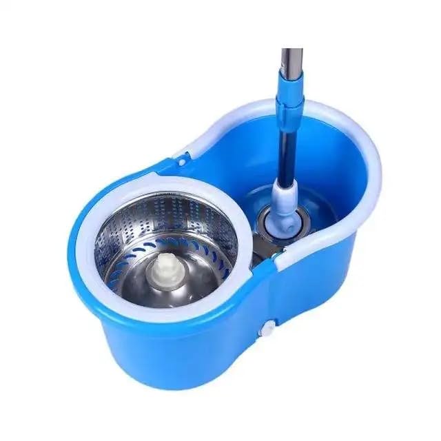 VIOPlastic Spin Mop Bucket Set 360 Degree Floor Cleaning with Stainless Steel Easy Wring Dryer Basket 2 Microfiber Mop Pads Adjustable Handle Hygenic Cleaning Tools for Home Kitchen Floor Blue