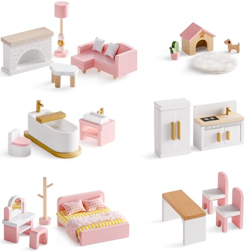 Jouets de maison de poupée ROBOTIME avec meubles en bois rose et accessoires miniatures