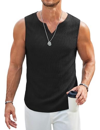 COOFANDY Black Knit Tank Top Men Summer Cut Off T Shirts Stretch Classic Fit Beach Textured Tank Top Wide Shoulder