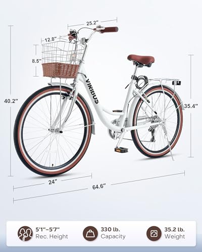 Viribus Womens Bike, 7 Speed Bike For Adults Women 24 In With Ratten Basket, Beach Cruiser Bike For Women thumb #8