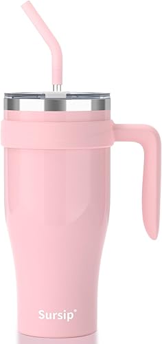 Sursip Vaso de 40 onzas con asa, vaso de acero inoxidable al vacío de doble pared con popote y 2 tapas, mantiene las bebidas frías hasta 24 horas, a