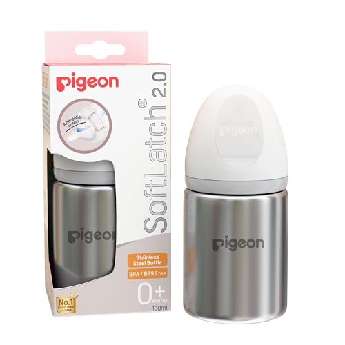 Image of Pigeon Softlatch 2.0 WN2 Stainless Steel Feeding Bottle | Wide Neck | BPA Free | Anti-Colic Baby Bottle | 0+ Months 150ml