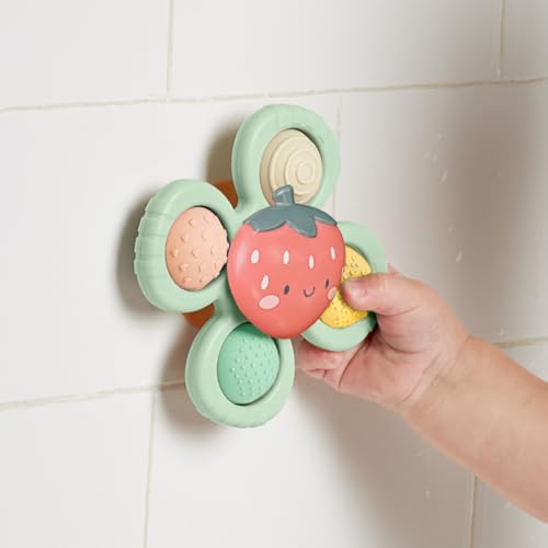 Itzy Ritzy Pop & Whirl – Fidget Spinner Travel & Bath Toy for Babies & Toddlers – Fidget w/Textured Silicone Popper to Develop Fine Motor Skills –Sticks to Highchairs, Tables, Tubs, More (Strawberry) by Itzy Ritzy - Image 6