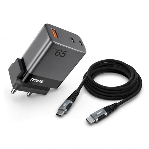 Image of Noise GaN Charger 65W + Type-C to Type-C 65W Braided Cable (1M) Combo: 3 Ports (2 USB-C Type, 1 USB-A), Super Fast Charging Adapter with PD, Supports All iPhones, Android (Black)