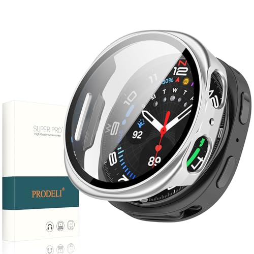 PRODELI For Galaxy Watch 8 44mm ��p �P�[�X+�K���X�t�B���� �L�Y�h�~ PC+�K���X �y�� ��̌^�J�o�[ ���t���ȒP �M�����N�V�[�E�H�b�`8 44mm �p �J�o�[�i�V���o�[�j
