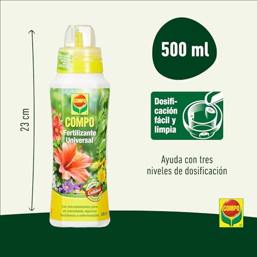 Fertilizante Compo Universal de 500 ml con indicaciones sobre la dosificación fácil y limpia, y su tamaño de 23 cm