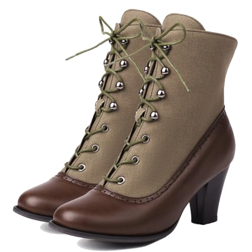 Alyaafifa Chunky Heel Lace Up Ankle Boots for Women Round Toe Vintage Victorian Booties Wingtip Two-Toned Mid Calf Block Heel Short Boots Fall Winter Dress Shoes Comfortable