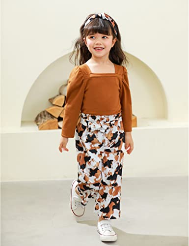 Image of Girl Clothes, Toddler Girl Clothes Square Neck Puff Long Sleeve Top Striped Pants Headband 3Pcs Fall Clothes Set