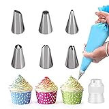 【Das beste Kuchenkombination-Deko-Kit】1 * Silikon Spritzbeutel, 6 *Spritztüllen, 1 * Kunststoffkonverter mit denen Sie Cupcakes perfekter und einfacher herstellen können.