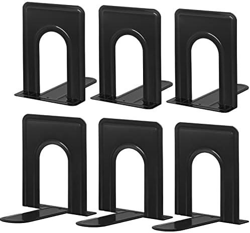 HappyHapi Bookends, Book Ends, Metal Bookend for Shelves, Non-Skid Book End to Hold Books, Black Book Stopper for Shelves, Book Holder for Office Home Kitchen, 5.7X 4.9 X 6.5 in, 3 Pair(6 Pcs, Large)