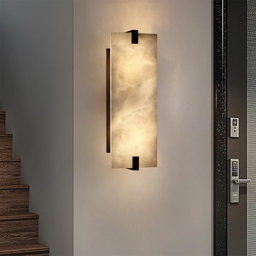 Image of 2 Light 15.7 inch Natural Square Alabaster Marble Bathroom Wall Sconce Modern Concise Style Wall Light Fixture,Oil Rubbed Bronze Finish for Bedroom Hallway Bedside Living Room