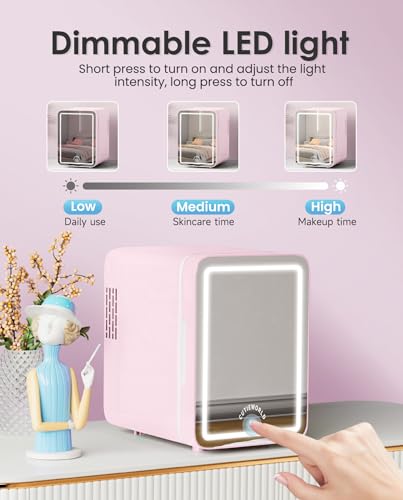 Image of CUTIEWORLD Skincare Fridge with Dimmable LED Light Mirror, 4L Mini Fridge For Desktop, Travel or Cool & Heat, Makeup Fridge for Cosmetics, Skin Care and Food, Pink
