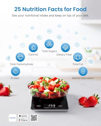 Image of RENPHO Kitchen Scale, Smart Food Scale with Nutritional Calculator, Food Weight Scale Grams and Ounces, Digital Gram Scale for Cooking Baking Keto Marco Diet, Black Glass, 22lb /10kg