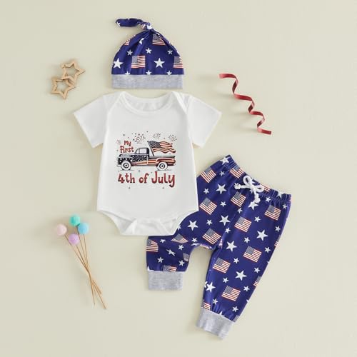 Image of FIOMVA My First 4th of July Outfit Baby Boy Car American Flag Romper Onesie Star Flag Pants Hat Set Fourth of July Clothes