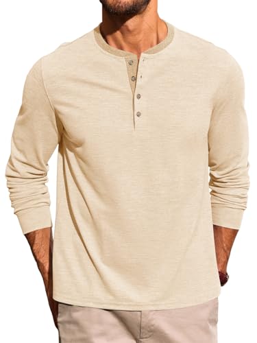Yousify Mens Henley Shirts Long Sleeve Button Vintage Textured T-Shirt Lightweight Cotton Casual Basic Tees