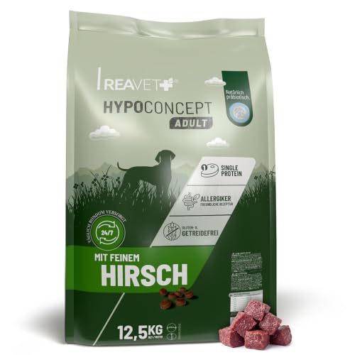 REAVET HYPOCONCEPT Hundetrockenfutter Hirsch – Single-Protein Rezeptur 12,5kg I Getreidefrei & ohne Zucker Trockenfutter für alle Hunde & Rassen, auch für Sensible Hunde & Allergikerfreundlich