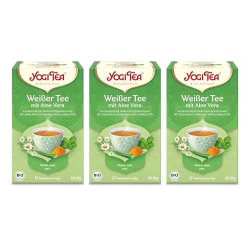 Yogi Tea - Weißer Tee mit Aloe Vera, Ayurvedischer Bio Gewürz- und Kräutertee, Mischung aus Basilikum, Kurkuma und Kamillenblüten, Yogi Tee 3er Pack, 3x17 Beutel (51 Teebeutel insgesamt)