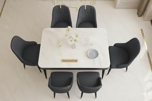 Image of Swiss Modern Dining White Marble Top Table Set with Sheesham Wood Legs, 6 Seater with Upholstered Chairs (71x36x30 Inches) (Black)