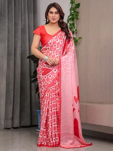 Image of ALMAARI FASHION Women's Floral Printed Georgette Satin Saree with Unstitched Blouse Piece | Traditional Ethnic Wear Sarees | Soft Lightweight Ethnic Office Wear Daily Wear Indian Sari (SG 161-170 H)