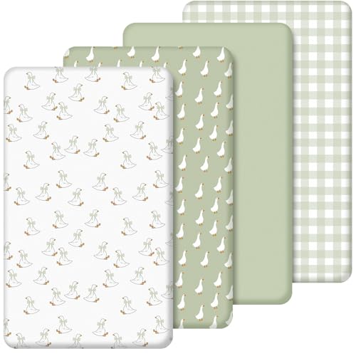 SmoothNovelty 4 Pack Silly Goose Crib Fitted Sheet for Boys Girls - 52 x 28 Fitted Baby Sheet with Goose and Gingham Style for Standard Mattress Gift Set Microfiber & Soft Breathable(Green)