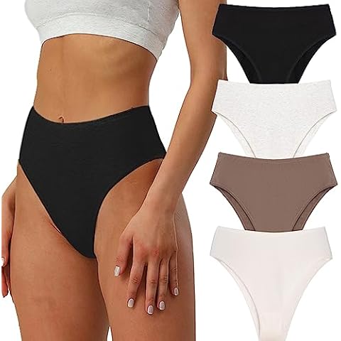 PBQOA Womens Hi Cut Briefs Underpant High Rise Cotton Underwear Tummy Control Breathable Panties, Large Cover