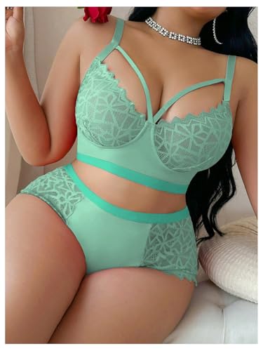 Image of MakeMeChic Women's Plus Size Lingerie Sets Contrast Lace Cut Out Wireless Bra and Panty Set