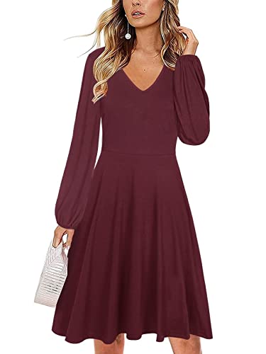 CLOUSPO Femme Robes Casual décontractée Robe à Manches Longues col Rond avec Poches(XL,Rouge) Cover
