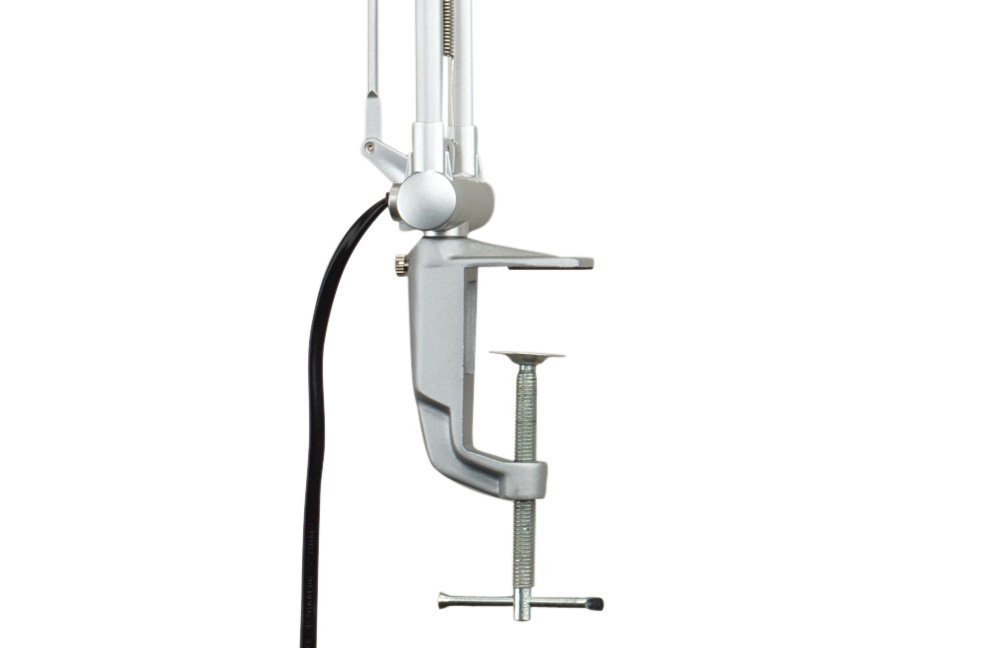 MAUL Lámpara escritorio MAULoffice LED E27 plata con base y pinza | brazo doble orientable, luz cálida confortable, bombilla reemplazable, uso con pie o mordaza