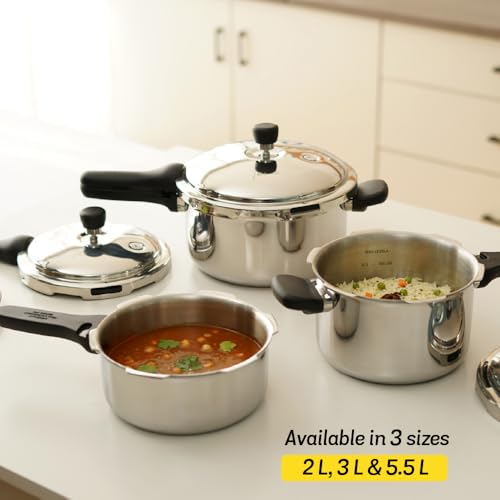 Image of Meyer Tri‑Ply Stainless‑Steel Kitchen Set - 5.5 L Presta Pressure Cooker + 22 cm Trivantage Kadai /Wok with Lid + 14 cm Trivantage Milkpan, Induction‑Compatible Cookware Bundle