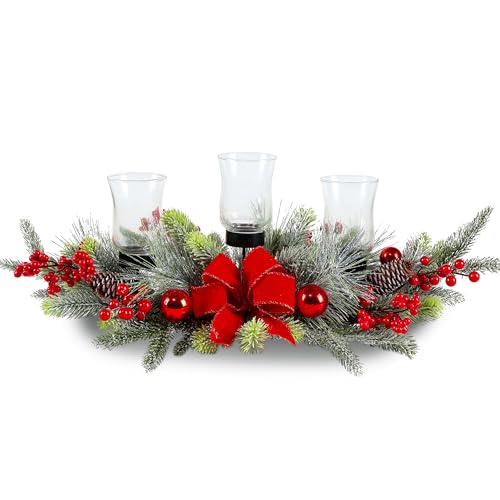 Red Christmas Table Centerpiece,Christmas Decoration Cedar with 3 Candlestick Glass