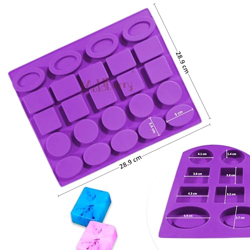 Image of MoldBerry 24 Cavity Small Soap Mold | Multi-Shape Silicone Soap Making Mould (Round, Oval, Pears, Square, Rectangle) | Mini Soap Mould for Hotel Guest Soap, Sample Soap, DIY Bath Bar - Multicolor