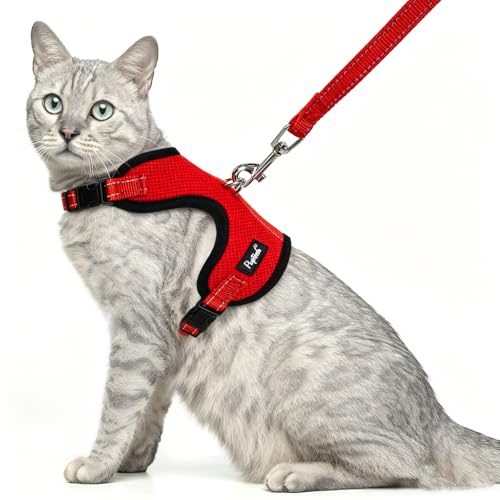 PUPTECK Cat Harness and Leash Set Escape Proof, Reflective Adjustable Soft Mesh Pet Vest Harness for Walking Travel, Red S