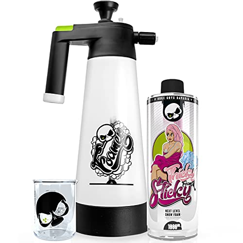 NUKE GUYS VORWÄSCHE SET: THICKY STICKY SNOW FOAM pH neutral + FOAMER HD ALKA LINE - 2 Liter Sprühflasche mit 3 verschiedene Schaumdüsen + hochwertiger 150ml Messbecher