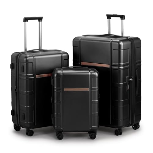 BIVVI Luggage Sets 3 Piece,PC+ABS Hardside Expandable Suitcases Sets with TSA Lock Double Spinner Wheels,Rolling Suitcase for Men and Women,(20In/24In/28In), Maletas De Viaje,Black